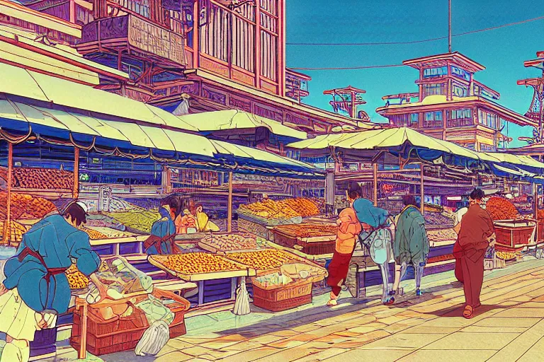 Image similar to cel-shaded study of a coastal city fish market a late renaissance city docks, key visual with intricate linework, in the style of moebius, ayami kojima, 90's anime, retro fantasy