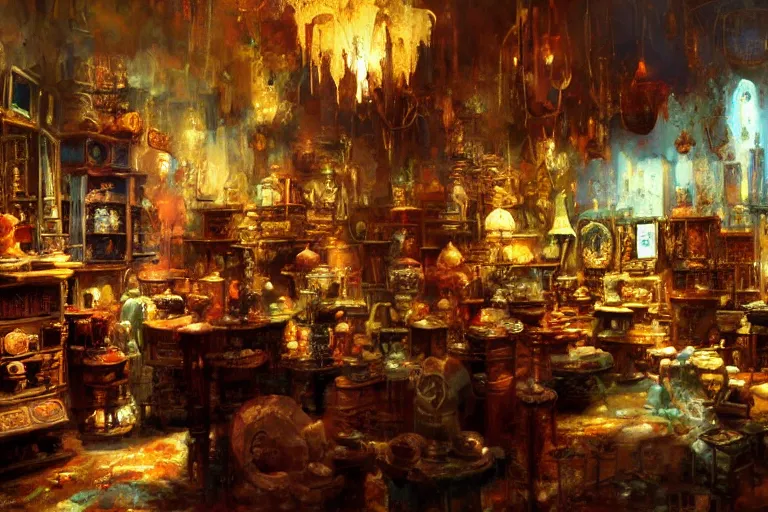 Prompt: the interior of a mystical antique shop with strange artifacts, painted by craig mullins and paul lehr, beautiful light,