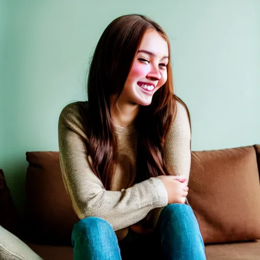 Image similar to a cute young woman smiling, long shiny bronze brown hair, full round face, green eyes, medium skin tone, light cute freckles, smiling softly, wearing casual clothing, relaxing on a modern couch, interior lighting, cozy living room background, medium shot, mid-shot, soft focus