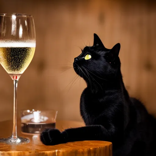 Prompt: a photo of a black cat drinking expensive champagne in a fancy dark bar, f 1. 8, iso 1 6 0 0