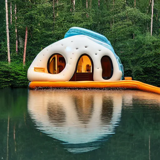 Prompt: an inflatable house made of long haired animal coat. The house is made of 3 inflated bubbles. The fur house sits in a lake on the edge of a forest. A family is living inside the fur house and it is furnished with contemporary furniture and art. ultra wide shot, Coronarender, 8k, photorealistic