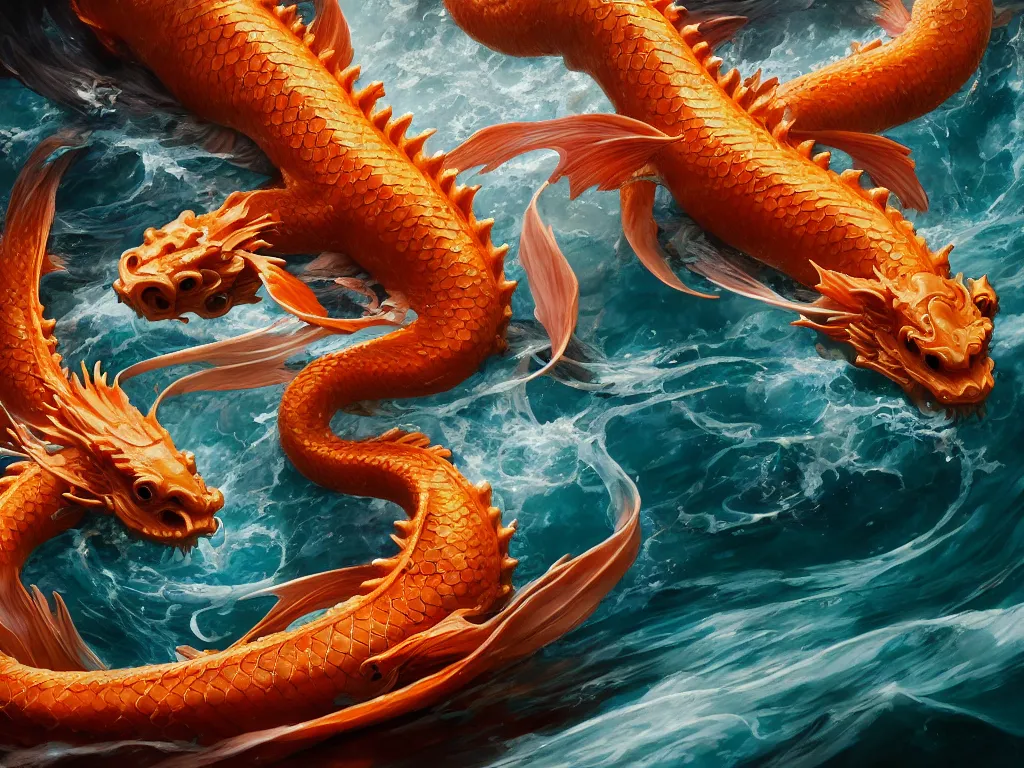 Image similar to intertwined koi dragon fish, water torrent background, jesper ejsing, james jean, justin gerard, tomasz alen kopera, cgsociety, fenghua zhong, makoto shinkai, octane render, highly detailed, rim light, cinematic lighting, hyper realism, high detail, intricate, 4 k, masterpiece