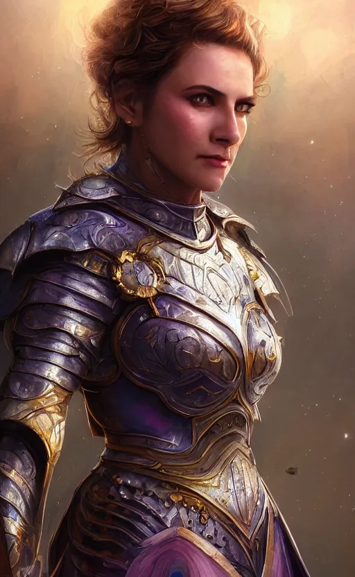 Image similar to the great beyond, beautiful woman in knights armor, sharp focus, intricate, elegant, digital painting, artstation, matte, highly detailed, concept art, illustration, volumetric lighting, gold and blue and pink color scheme, bokeh light, art by greg olsen and liz lemon swindle