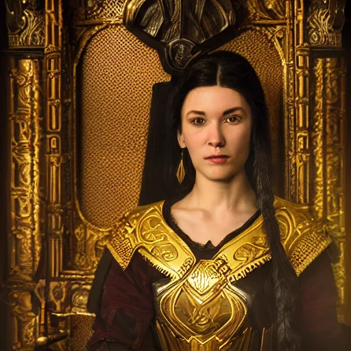 Image similar to the elder scrolls vi, charismatic regal black haired female jarl, portrait, exquisitely designed throne room, atmospheric lighting, painted, intricate, volumetric lighting, beautiful, daytime, slightly sunny weather, sharp focus, deep colours, ultra detailed, golden hour by leesha hannigan, ross tran, thierry doizon, kai carpenter, ignacio fernandez rios