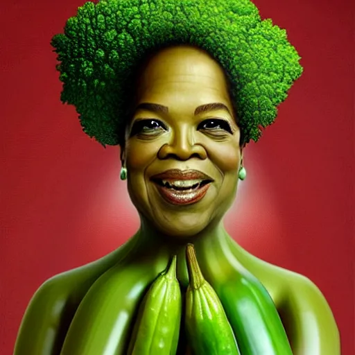 Image similar to a dish of oprah winfreys face fused with okra veg with green stalky ( ( green oprah winfrey's face ) ), oprah okra winfrey sentient veg, by greg rutkowski