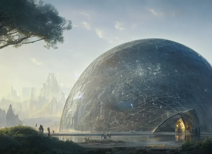 Image similar to highly detailed digital matte painting of a beautiful biodome, by Raphael LaCoste and Ruan Jia and Robert McCall, postcyberpunk, geodesic dome, hyperdetailed, sunrise, wide shot, autochrome, octane render