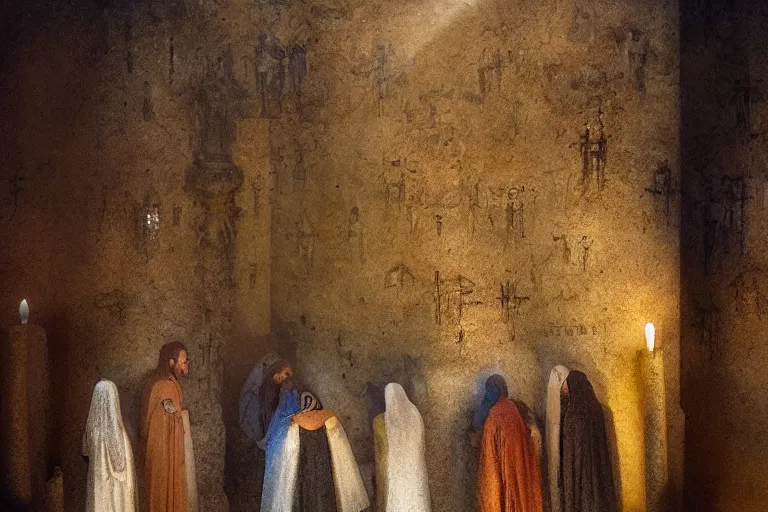 Image similar to inside the tomb of jesus, dark scene, light coming in from the left, small steps leading down, 3 marys crouching in colored robes at the tomb | 2 angels on the right side | medium close | fibonacci composition, by jeremy mann, david palumbo