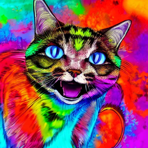 Image similar to photorealistic psychedelic cat smiling, very colorful in a maximalist style with a background that fades into black