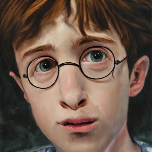 Image similar to young Harry Potter watching Harry Potter and the Deathly Hallows on old TV by Lucian Freud and Jenny Saville, oil painting, anatomically correct, beautiful perfect face, visible brushstrokes, sharp focus, Highly Detailed, Cinematic Lighting, 8k, HD