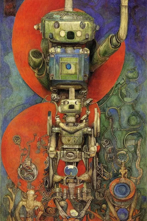 Image similar to the robot queen makes tea ,by Annie Swynnerton and Diego Rivera and Elihu Vedder, symbolist, dramatic lighting, elaborate geometric ornament, Art Brut, soft blues and greens,smooth, sharp focus, extremely detailed, Adolf Wölfli
