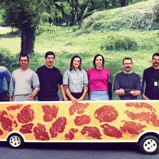 Image similar to “ a press photo of a group of scientists showing off their new vehicle designed to run on meat ”