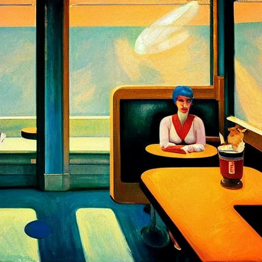 Image similar to the corner booth at a greasy diner on the moon, edward hopper painting, iconic, stunning light