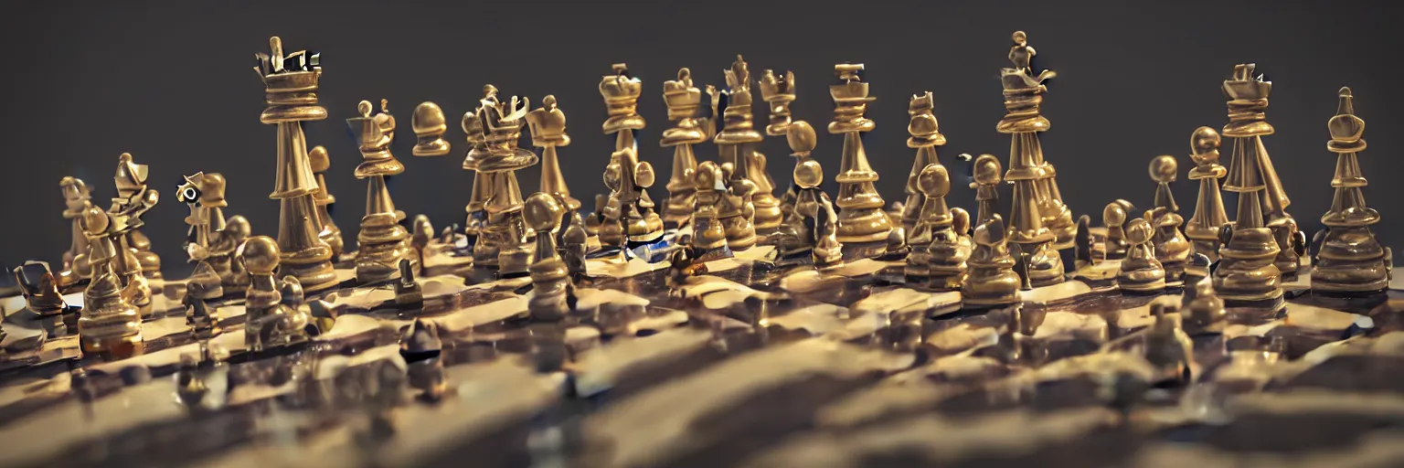 Image similar to cyborg chess pieces on chessboard, studio shot, dark background, photorealistic image, golden hour, low angle shot, very detailed