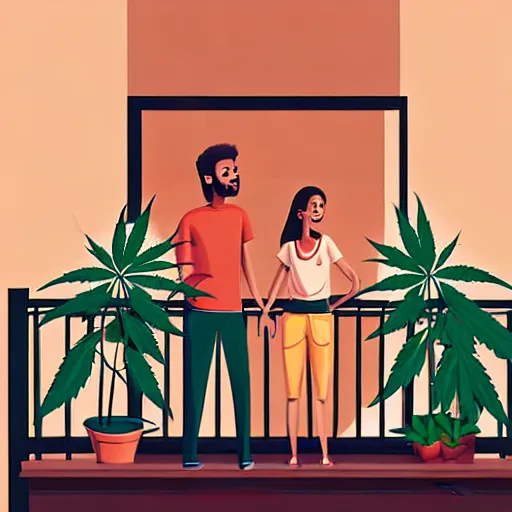 Prompt: couple happy on balcony. huge marijuana plant on balcony. sunny day. centered median photoshop filter cutout vector behance artgem hd jesper ejsing!