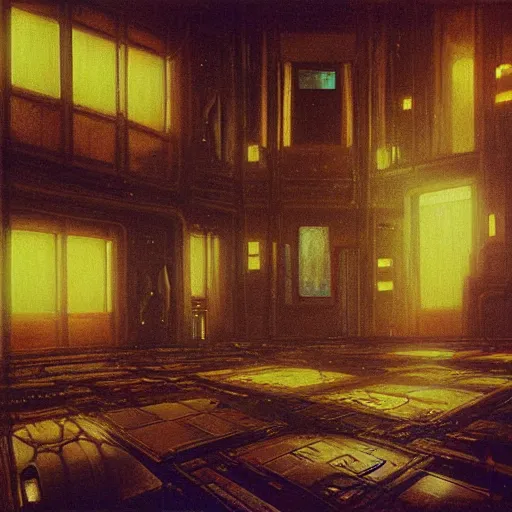 Prompt: detailed painting of bladerunner interior room with celestial ephemeral ornaments and african architecture, artstation, beksinski, cinematic