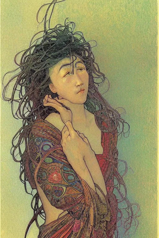 Prompt: alphonse mucha meet beksinski, japanese woman