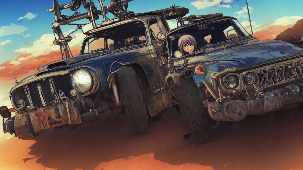 Image similar to anime illustration of mad max's fj 4 0 pursuit special, the last v 8 interceptor driving down to the gates of valhalla highway, riding fury road eternal shiny and chrome, world of fire and blood, by makoto shinkai, ilya kuvshinov, lois van baarle, rossdraws, basquiat, global illumination ray tracing hdr