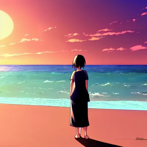 Image similar to woman looking at the sea on the beach during sunset, realistic shaded, highly detailed, anime, realistic, by hayao miyazaki