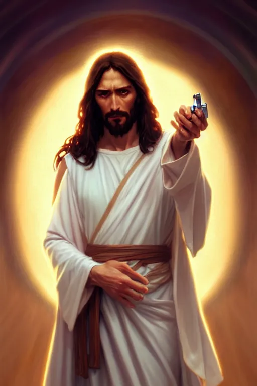 Image similar to jesus christ in a white robe and holding a handgun in an action pose, highly detailed, digital painting, artstation, concept art, smooth, sharp focus, illustration, cinematic lighting, art by artgerm and greg rutkowski and alphonse mucha