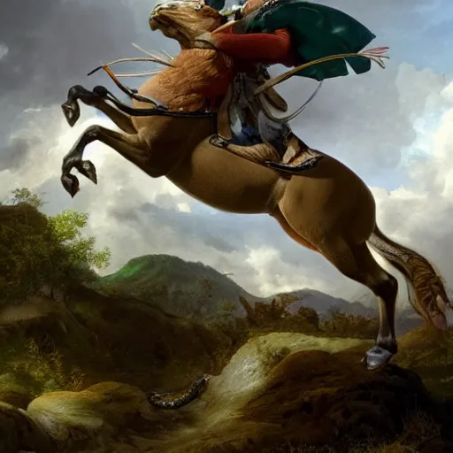 Prompt: ultra realistic Napoleon riding a horse in a jungle, dinosaurs, t-Rex, ultraHD