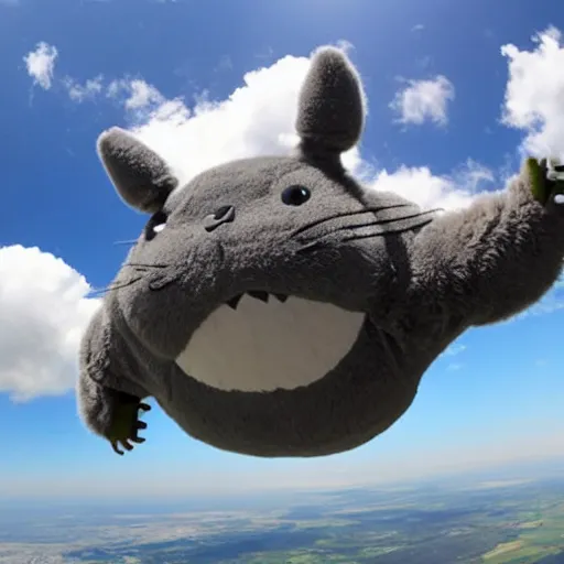 Image similar to super fat totoro skydiving while waving at the camera