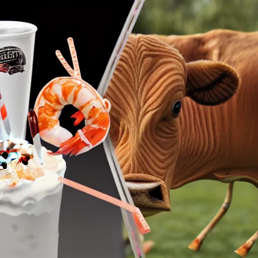 Image similar to a well dressed milkshake next to a brilliant shrimp, in the mouth of a cow, hyper realistic, sharp focus, hyper - detailed, 8 k resolution