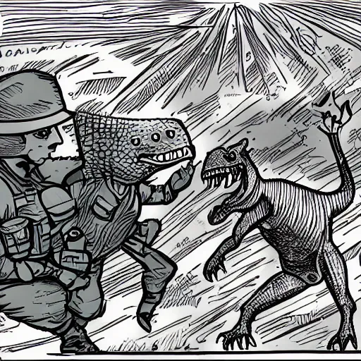 Prompt: super detailed illustration of a police officer and a dinosaur kissing in a war zone