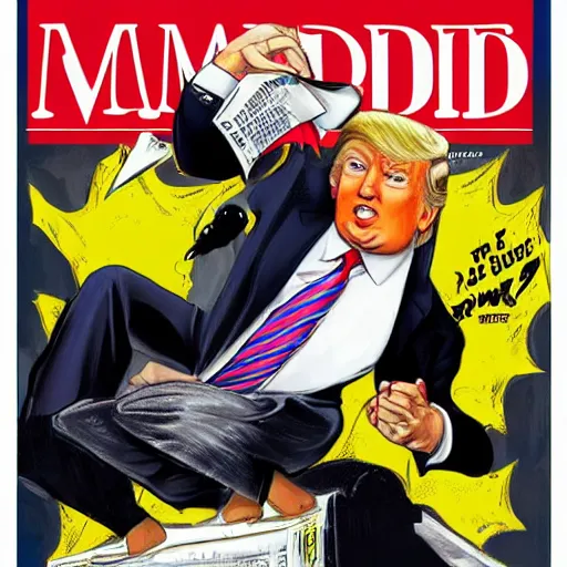 Prompt: Donald Trump on the cover of MAD MAGAZINE coverart stly Al Gaffee