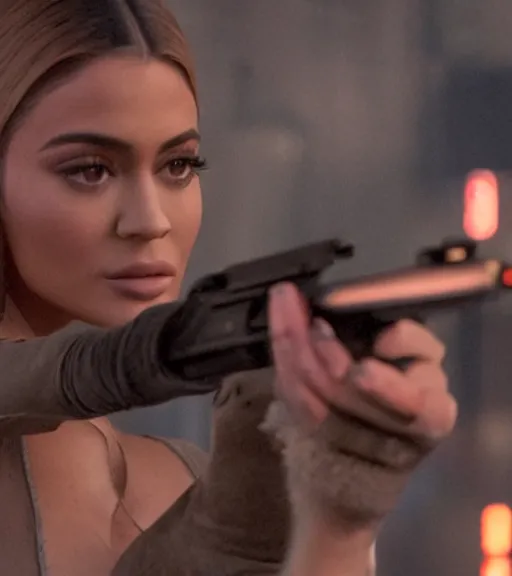 Image similar to a movie still of kylie jenner as joi aiming a gun at ryan gosling in the movie blade runner 2 0 4 9