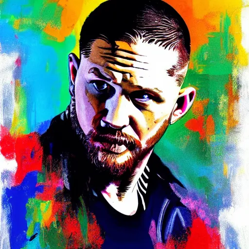 Image similar to painting of tom hardy in the style of abstract