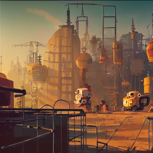 Image similar to sci - fi steampunk construction site with robotic construction vehicles with happy faces, cory loftis, james gilleard, atey ghailan, makoto shinkai, goro fujita, studio ghibli, rim light, exquisite lighting, clear focus, very coherent, plain background