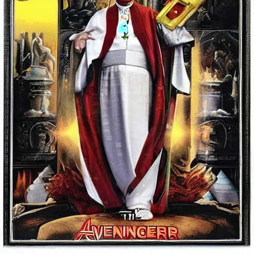 Image similar to the pope in movie avengers, by drew struzan