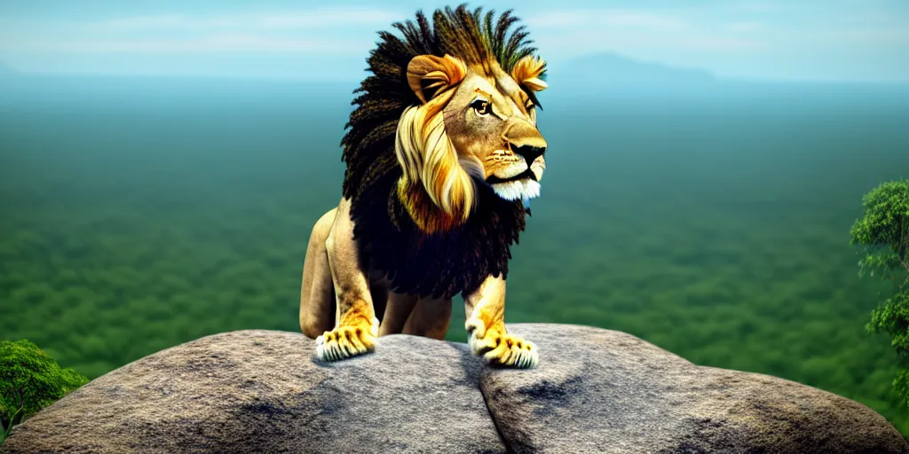 Image similar to hyperrealistic photo of a lion roaring on top of a rock over looking the jungle, 8 k