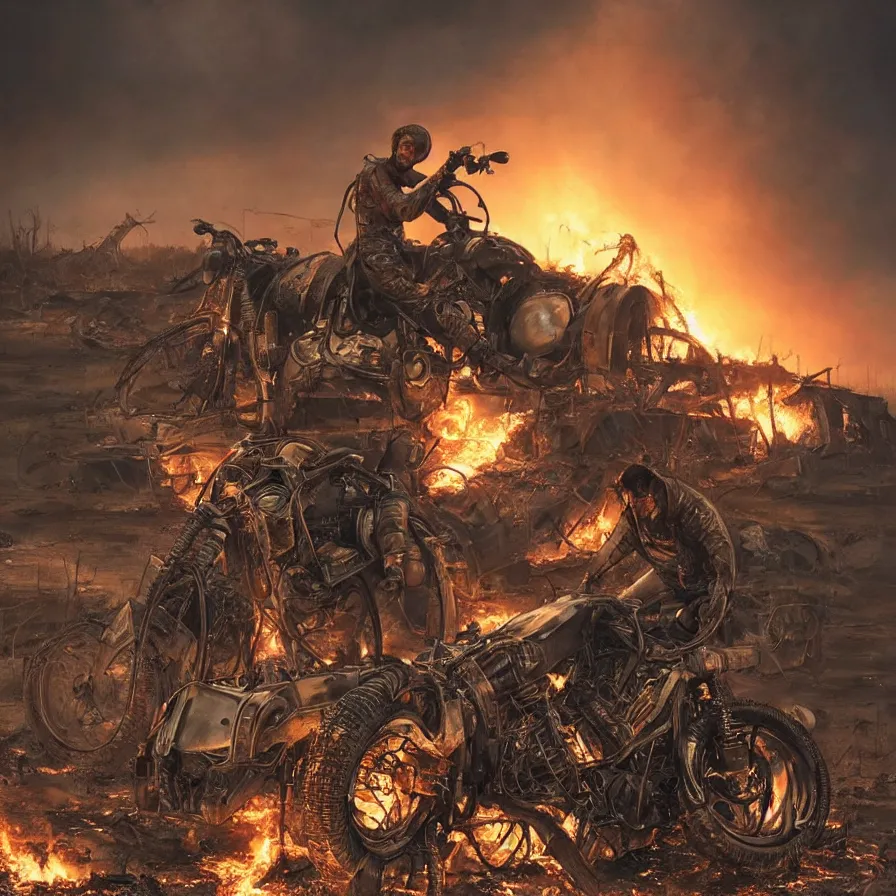 Image similar to post apocalyptic, biker with helmet in front of crashed airplane burning, photorealistic, ultra realistic, concept art, intricate details, photorealistic, octane render, 8 k, unreal engine. retro film still, heavy grain, 3 5 mm, art by artgerm and greg rutkowski and alphonse mucha