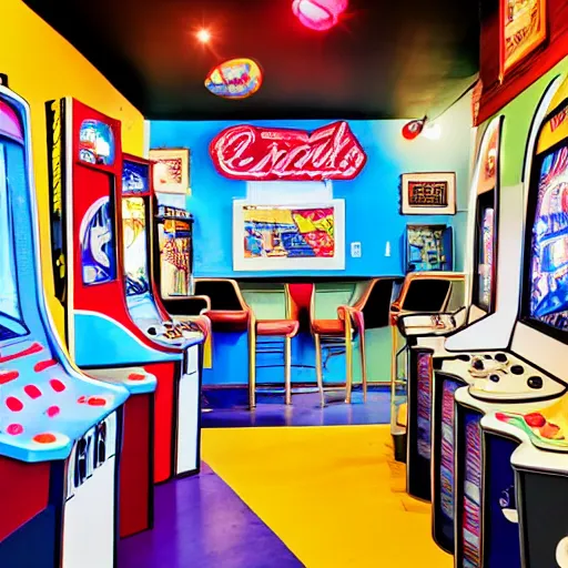 Image similar to photo of a sober styled retro arcade / cafe with 8 0 s art on the tall white walls, wide angle shot 4 k hdr
