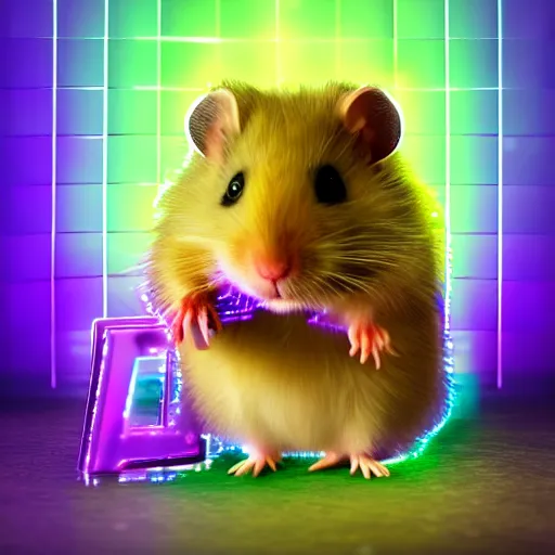 Image similar to cyberpunk hamster! holding rainbow! gem! crystal, neon lights, light reflection, 8 k, hd