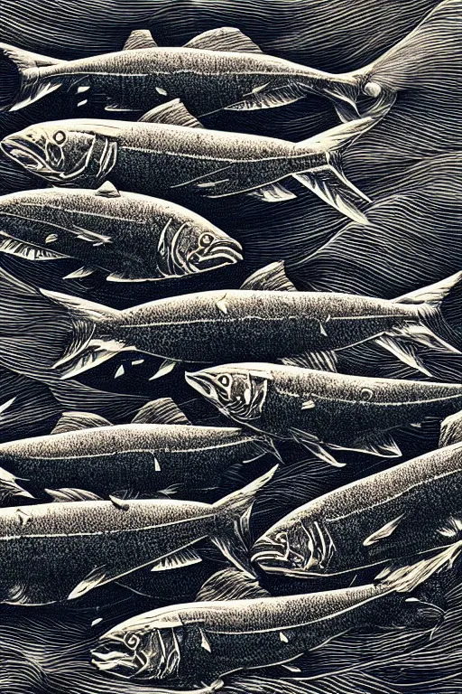 Image similar to a beautiful copper engraving printed on paper of a school of mackerel, 8 k, frostbite 3 engine, cryengine, dof, trending on artstation, digital art, crepuscular ray