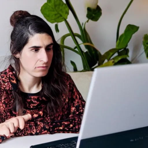 Image similar to A photo of hila klein sitting on a computer scrolling a webpage of etsy.com with clothes designs