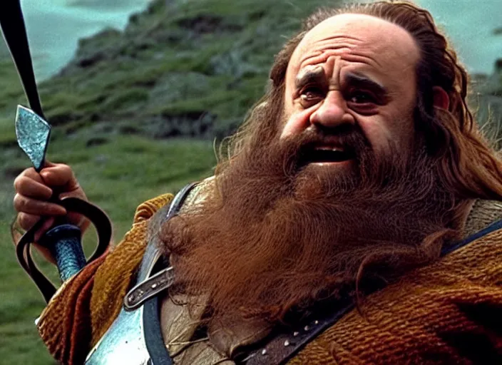 Image similar to film still of danny devito as gimli in lord of the rings movie, 8 k