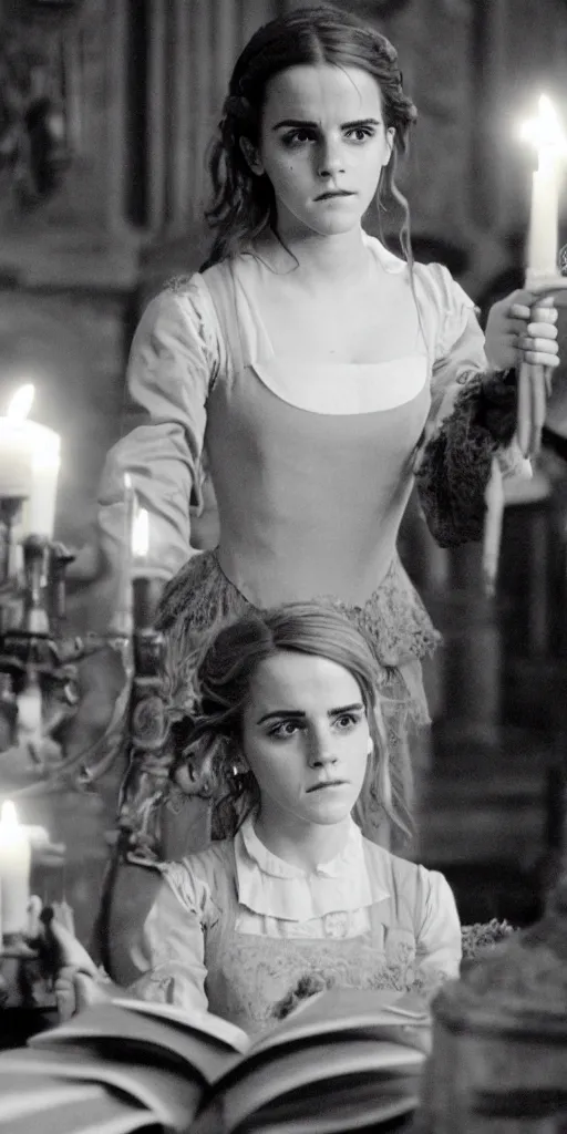 Image similar to Emma Watson as Hermione Granger in Kubrick's Barry Lyndon, natural candle lighting, movie still