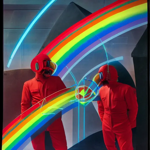 Prompt: two time generals wearing flight masks and red rick owens flight suits inside the glowing geometric rainbow portal to the sixth dimension by frank frazetta