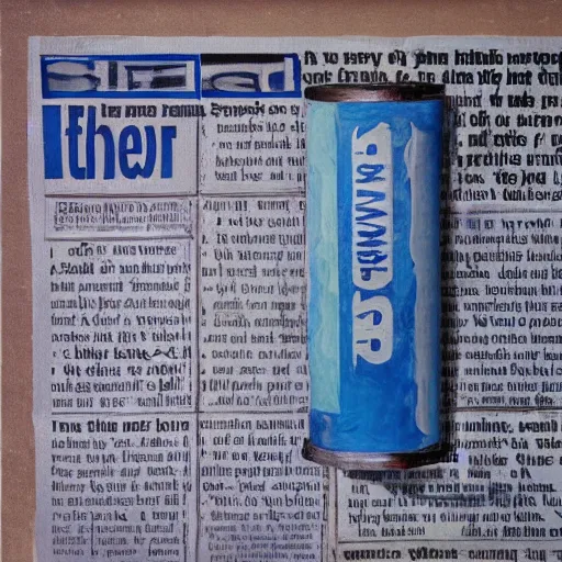 Image similar to painting of a roll of newspaper standing against a blue background, by ivan seal, surreal art, dull