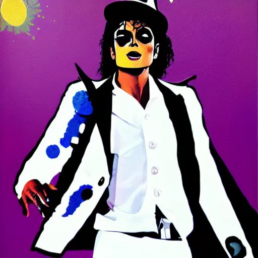 Prompt: paining of Michael Jackson moon walking, pop art, white suit and hat