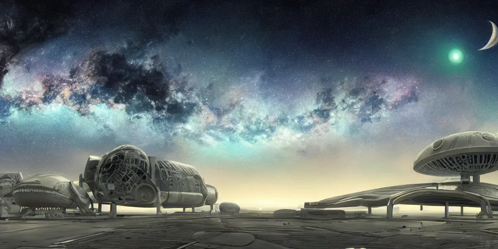 Image similar to astrological universe projected onto a cosmic radiation background, milky way galaxy in the distance, cosmic nebulous clouds, alien aircraft superstructure, highly detailed spaceport, octane render, photorealistic illustration, colored pencil art, doug tenpal style, 8 k resolution,