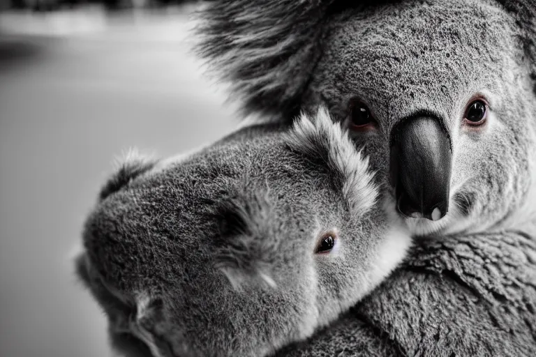 Image similar to closeup portrait of a woman carrying a koala over her head and shoulders in a flood in Rundle Mall in Adelaide in South Australia, photograph, natural light, sharp, detailed face, magazine, press, photo, Steve McCurry, David Lazar, Canon, Nikon, focus