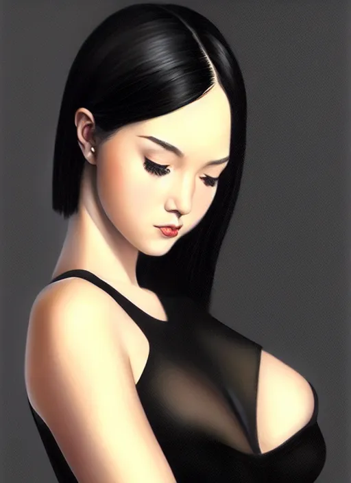 Image similar to photo of a gorgeous young woman in the style of stefan kostic, black hair, black dress, full body realistic, sharp focus, 8k high definition, insanely detailed, intricate, elegant, art by stanley lau and artgerm