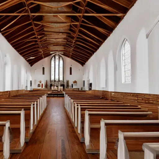 Image similar to a Church interior with white walls and wood floor