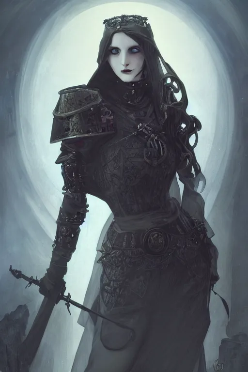 Prompt: beautiful and gothic and evil and luxury and dieselpunk young medieval female knight portrait +smoky eyes+front face with light flowing hair, ultradetail face, art and illustration by tian zi and craig mullins and WLOP and alphonse mucha, fantasy, intricate complexity, human structure, human anatomy, fantasy character concept, watermark, blurry, hyperrealism 8k