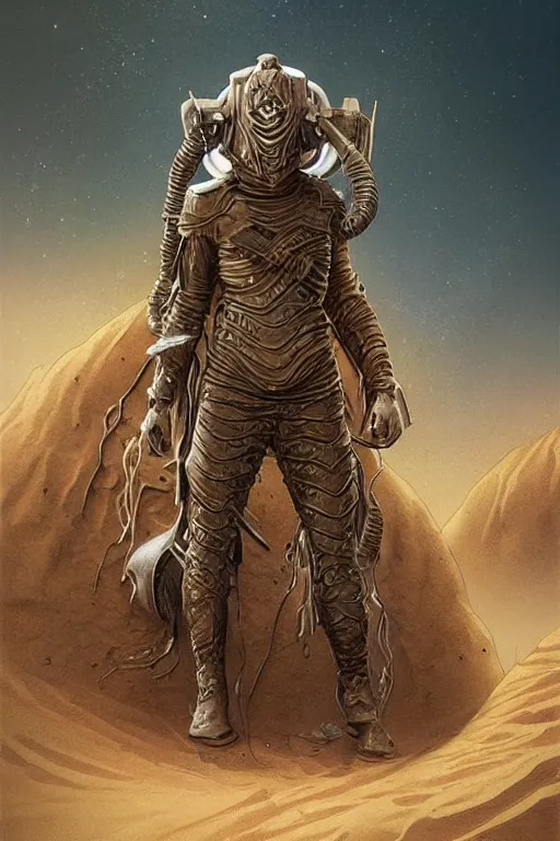 Prompt: dune themed brutal sardaukar warrior, desert breathing armor, graffiti, sketch by sachin teng, moebius, artgerm, michael cheval, esao andrews, francois boucher, masterpiece, intricate organic painting, matte painting, hard edges, highly detailed, cinematic lighting character art movie poster by drew struzan