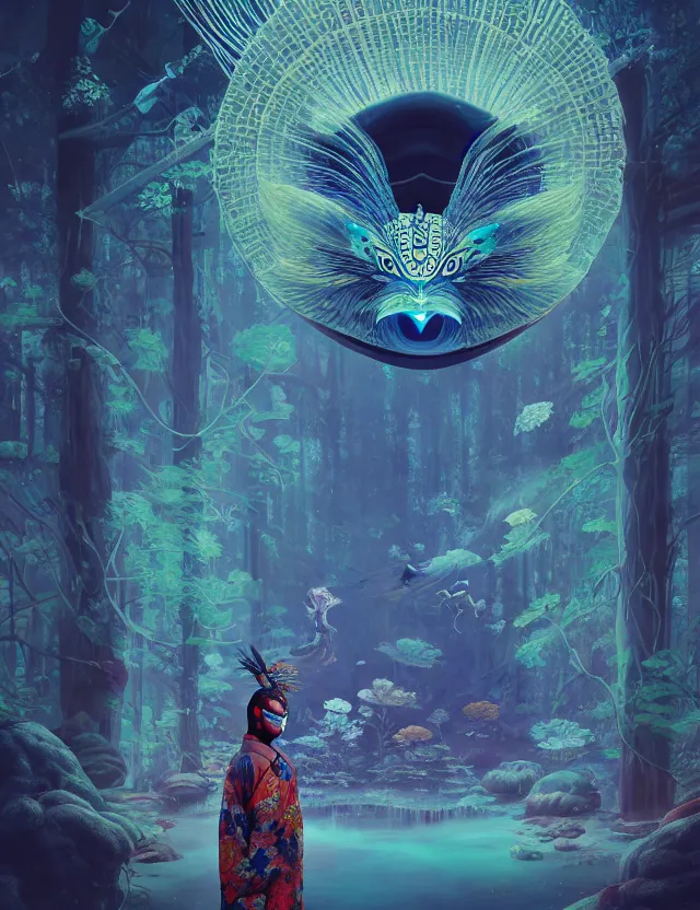 Prompt: 3 d liminal space abandoned temple forest. beautiful intricately detailed japanese crow kitsune mask and clasical japanese kimono. betta fish, jellyfish phoenix, bio luminescent, plasma, ice, water, wind, creature, artwork by tooth wu and wlop and beeple and greg rutkowski